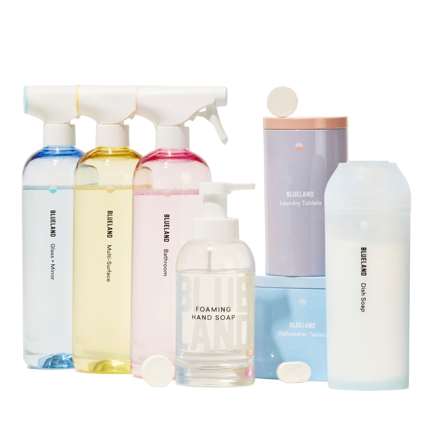 Collection of Blueland sustainable cleaning products.